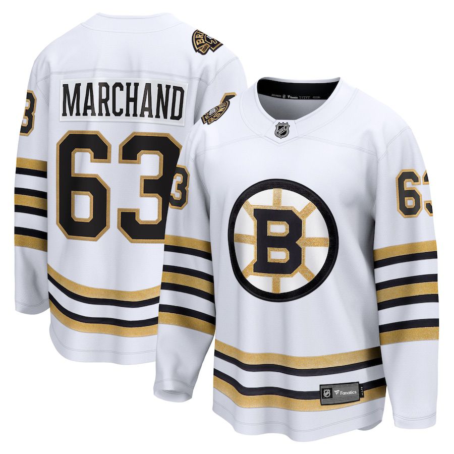 Men Boston Bruins 63 Brad Marchand Fanatics Branded White 100th Anniversary Premier Breakaway Player NHL Jersey